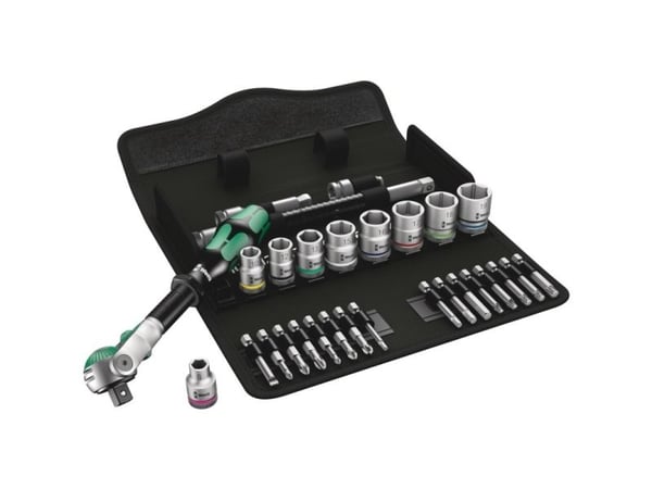 Wera Tools 05004046001, pipenøkkelsett, 29 stk, sort, grønn, skrallehåndtak, 3/8", 8,10,12,13,15,16,17,18,19 mm