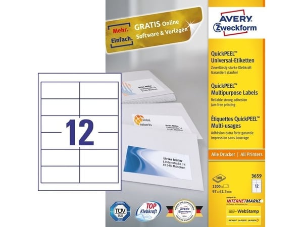 Avery - Hvit - 97 x 42.3 mm 1200 etikett(er) (100 ark x 12) flerbruks merkelapper