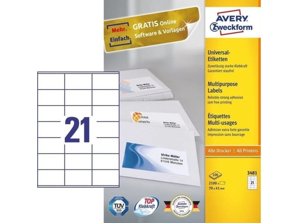Avery - Hvit - 70 x 41 mm 2100 etikett(er) (100 ark x 21) flerbruks merkelapper