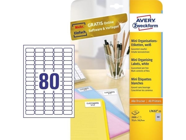 Avery L7632 - Permanent selvklebende - hvit - 35,6 x 16,9 mm 2000 etikett(er) (25 ark x 80 etiketter med returadresse