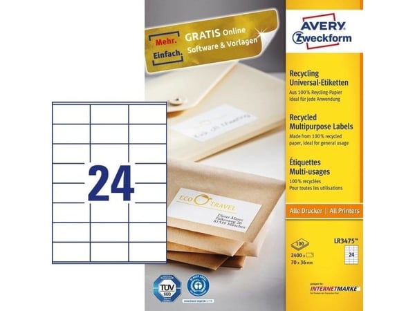 Avery LR3475, Valkoinen, Suorakulmio, Kiinteä, 70 x 36 mm, A4, Universaali