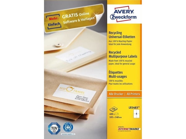 Avery Zweckform - A6 (105 x 148 mm) 400 etikett(er) (100 ark x 4) gjenbrukbare etiketter