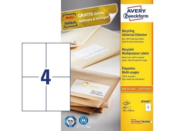 Avery Zweckform - A6 (105 x 148 mm) 400 etikett(er) (100 ark x 4) gjenbrukbare etiketter