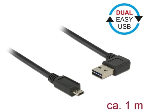 Delock EASY-USB - USB-kabel - Micro-USB type B (hann) reversibel til USB (hann) 90°-vinklet, reversibel - USB 2.0 - 1 m - svart
