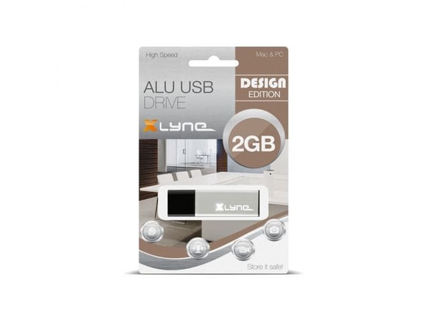 xlyne ALU, 2 GB, USB A-tyyppi, 2.0, Suojus, 7 g, Musta, Hopea