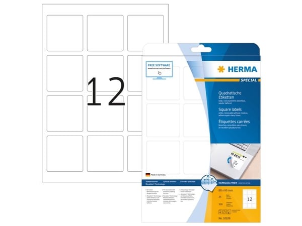 HERMA Special - Papir - matt - fjernbart selv-adhesiv - hvit - 60 x 60 mm 300 etikett(er) (25 ark x 12) merkelapper