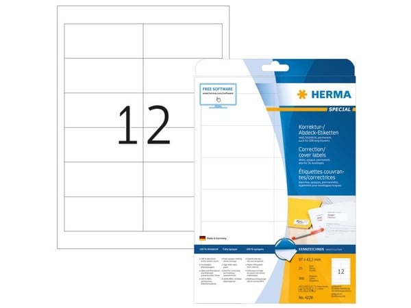 HERMA 4228, Valkoinen, Itse kiinnittyvä tulostintarra, A4, Paperi, Laser/Inkjet, Kiinteä