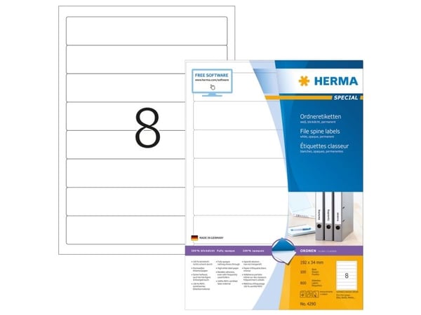 HERMA Special - Papir - matt - permanent selv-adhesiv - hvit - 192 x 34 mm 800 etikett(er) (100 ark x 8) opake arkivmappeetiketter