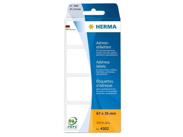 HERMA 4302, Valkoinen, Paperi, Matta, 6,7 cm, 3,5 cm, 250 kpl