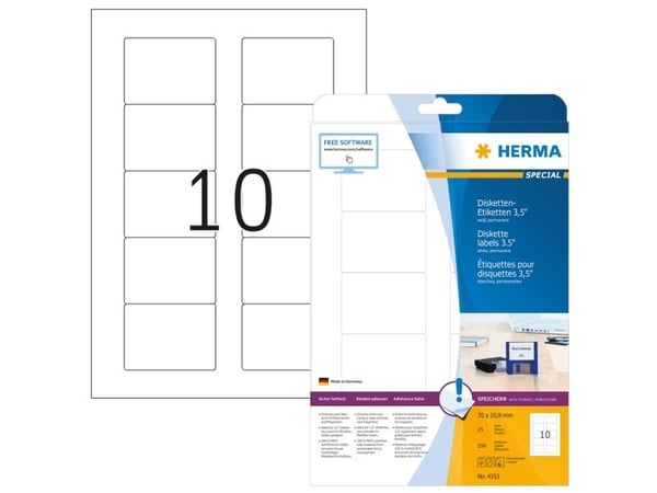 HERMA Special - Papper - matt - permanent självhäftande - vit - 70 x 50.8 mm 250 etikett (er) (25 ark x 10) diskettetiketter