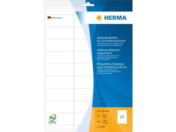 HERMA 4430, Valkoinen, Paperi, Matta, 6,7 cm, 3 cm, 20 arkkia