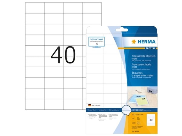 HERMA 4684, Läpinäkyvä, Itse kiinnittyvä tulostintarra, A4, Laser, Kiinteä, Matta