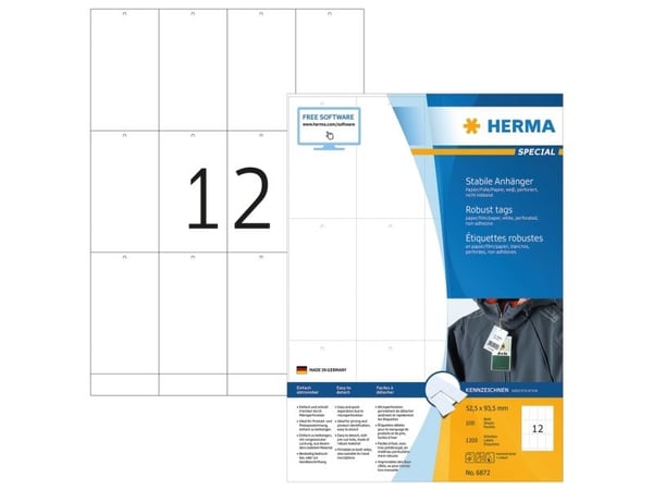 HERMA Special - Ikke-adhesiv - perforert - hvit - 52.5 x 93.5 mm 1200 etikett(er) (100 ark x 12) merkelapper