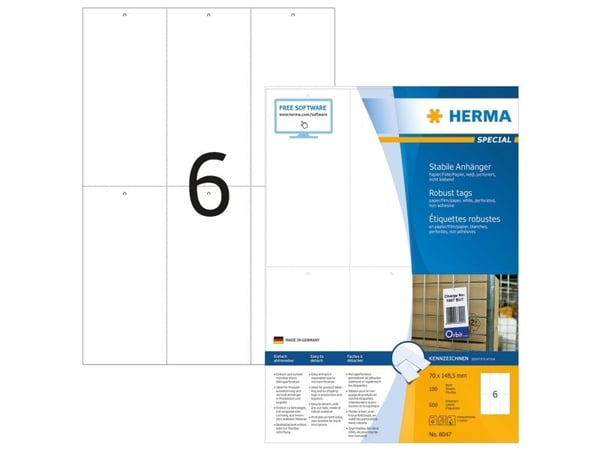 HERMA Special - Ikke-adhesiv - perforert - hvit - 70 x 148.5 mm 600 etikett(er) (100 ark x 6) merkelapper