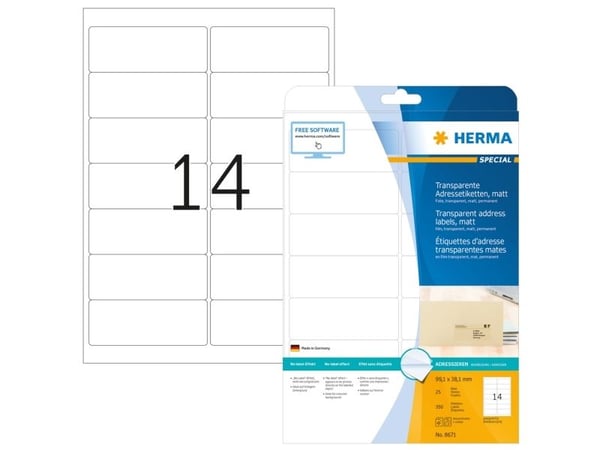 HERMA 8671, Läpinäkyvä, Laser, Matta, Kiinteä, Pyöristetty suorakulmio, 9,91 cm