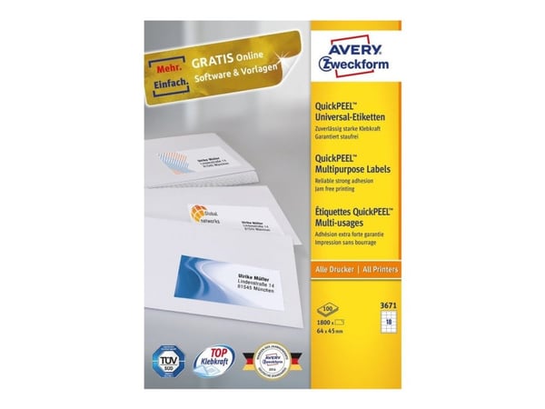 Avery - Selv-adhesiv - hvit - 64 x 45 mm 1800 stk (100 ark x 18) merkelapper