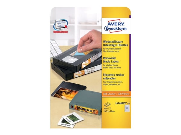 Avery L4746REV - Fjernbart adhesiv - hvit - 20 x 147.3 mm 325 stk (25 ark x 13 videobåndetiketter