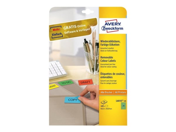 Avery L6033 - Fjernbart adhesiv - grønn - 63.5 x 33.9 mm 480 etikett(er) (20 ark x 24) merkelapper