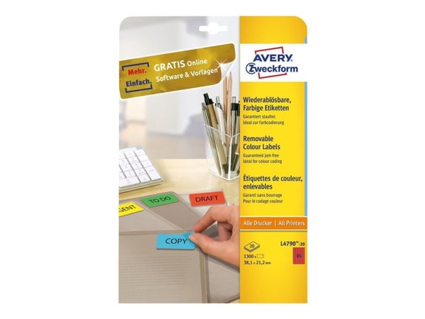 Avery - Borttagbar häftning - röd - 38.1 x 21.2 mm 1300 etikett (er) (20 ark x 65 etiketter