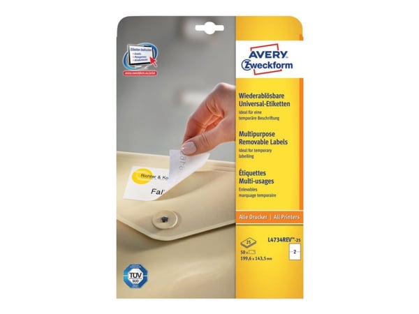 Avery L4734REV - Fjernbart adhesiv - hvit - 143.5 x 199.6 mm 50 stk (25 ark x 2) merkelapper Avery L4734REV - Fjernbart adhesiv - hvit - 143.5 x 199.6 mm 50 stk (25 ark x 2) merkelapper