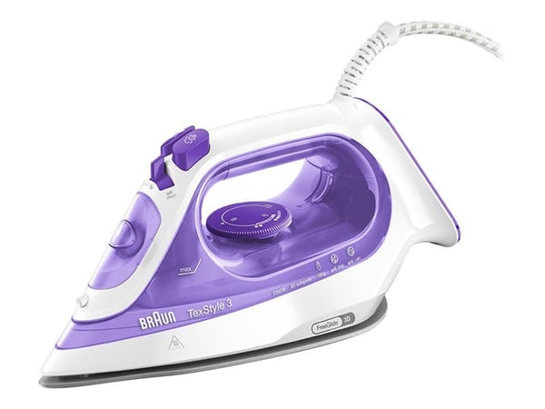 Braun TexStyle 3 SI3042VI, Höyrysilitysrauta, Keraaminen pohjalevy, 2 m, 160 g/min, Purppura, Hopea, Valkoinen, 0,27 L