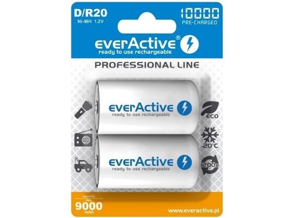 Everactive EVHRL20-10000, Oppladbart batteri, D, Nikkelmetallhydrid (NiMH), 1,2 V, 2 stykker, 10000 mAh