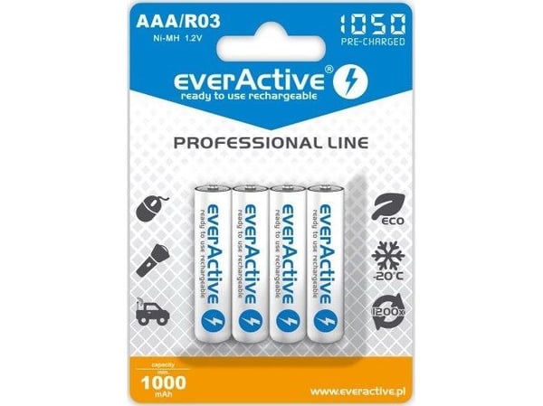 Everactive EVHRL03-1050, Oppladbart batteri, AAA, Nikkelmetallhydrid (NiMH), 1,2 V, 4 stykker, 1050 mAh