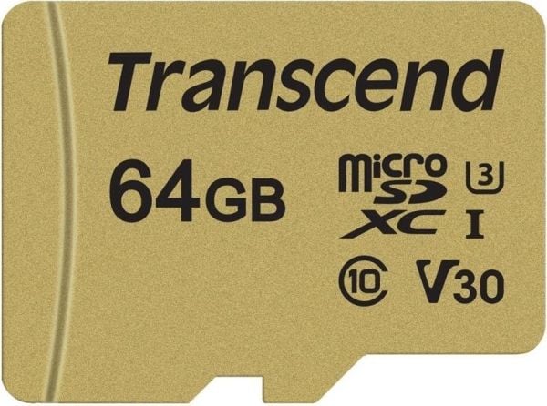 Transcend 500S - Flash-minneskort (microSDXC till SD-adapter inkluderad) - 64 GB - Video Class V30 / UHS-I U3 / Class10 - microSDXC