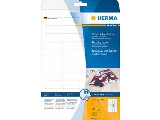 HERMA 4232, Valkoinen, Itse kiinnittyvä tulostintarra, A4, Laser, Kiinteä, Matta