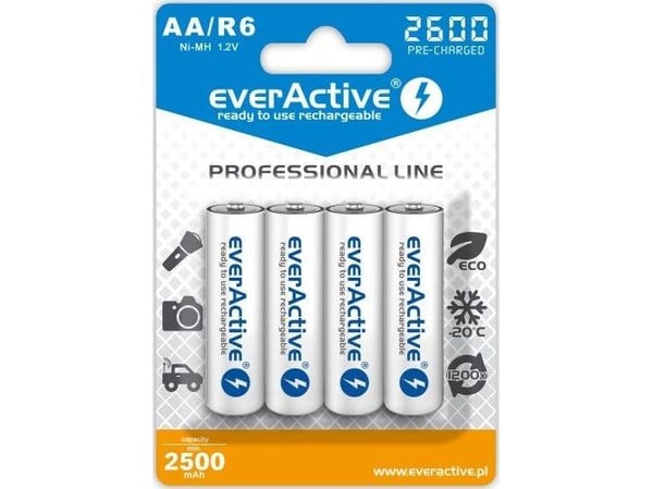 Everactive EVHRL6-2600, Oppladbart batteri, Nikkelmetallhydrid (NiMH), 1,2 V, 4 stykker, 2500 mAh, -20 - 50 °C