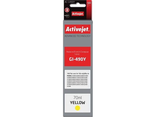 Activejet AC-G490Y, Korkea (XL) värintuotto, Keltainen, Väripohjainen muste, 70 ml, 1 kpl, Kertapakkaus