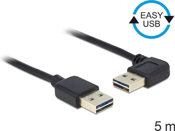 Delock EASY-USB - USB-kaapeli - USB (han) til USB (han) - USB 2.0 - 5 m - 90° stikforbindelse - lajittelu