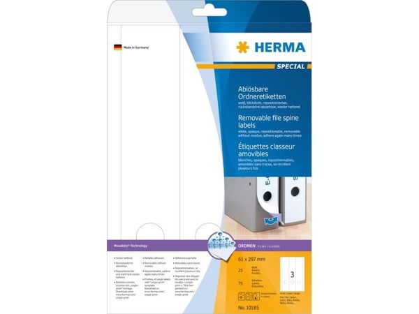 HERMA 10185, Valkoinen, Itse kiinnittyvä tulostintarra, A4, Paperi, Laser/Inkjet, Irroitettava