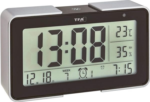 TFA - Väckarklocka - rektangulär - elektronisk - skrivbord - svart, silver