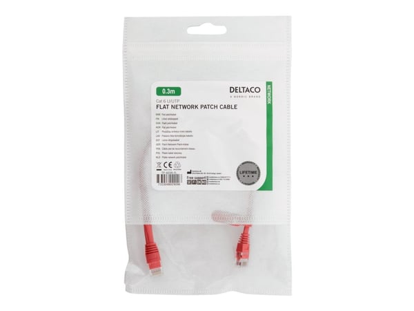 DELTACO - Koblingskabel - RJ-45 (hann) til RJ-45 (hann) - 30 cm - UTP - CAT 6 - flat - rød