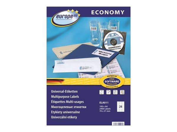 europe100 - 70 x 37,1 mm 2400 stk. (100 ark x 24) CD/DVD-etiketter/-innlegg