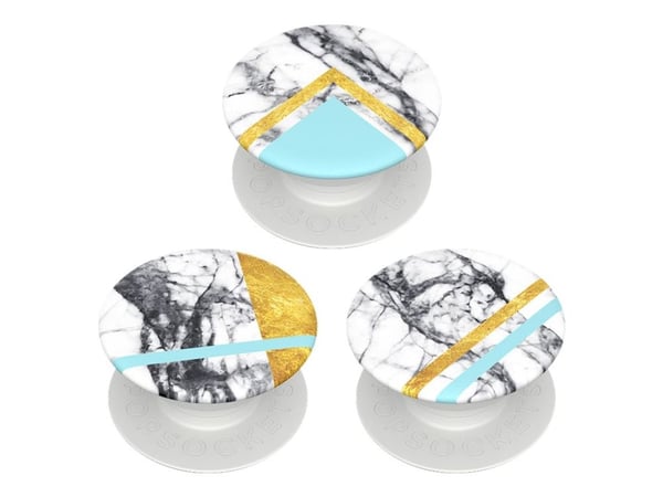 PopSockets PopMinis - Fingergrep/stativ for mobiltelefon, nettbrett - White Marble Glam - hvit (trekkspill), hvit (plattform) (en pakke 3)
