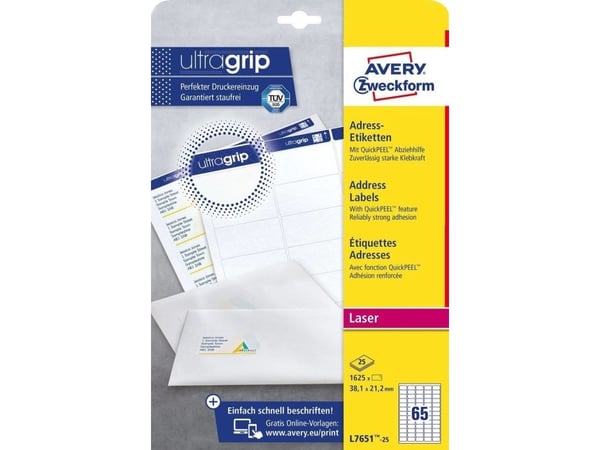 Avery - Hvit - A4 (210 x 297 mm) 1625 etikett(er) (25 ark x 65) adresselapper