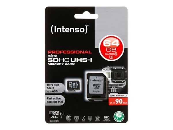 Intenso - Flashminnekort (microSDXC til SD-adapter inkludert) - 64 GB - UHS Class 1 / Class10 - microSDXC UHS-I