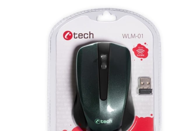 C-TECH WLM-01, Ambidekstriøs, Optisk, RF kabel-fri, 1200 DPI, Sort