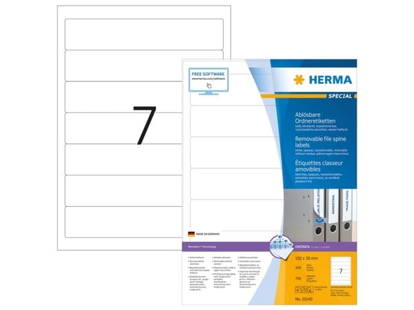 HERMA Special - Papir - matt - fjernbart selv-adhesiv - hvit - 192 x 38 mm 700 etikett(er) (100 ark x 7) opake arkivmappeetiketter