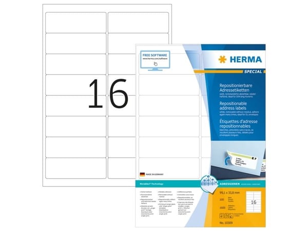 HERMA 10309, Valkoinen, Pyöristetty suorakulmio, Irroitettava, Paperi, Matta, Laser/Inkjet