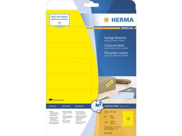 HERMA 4551, Gult, Rektangel, A4, Universell, Matte, Laser/Blekkskriver