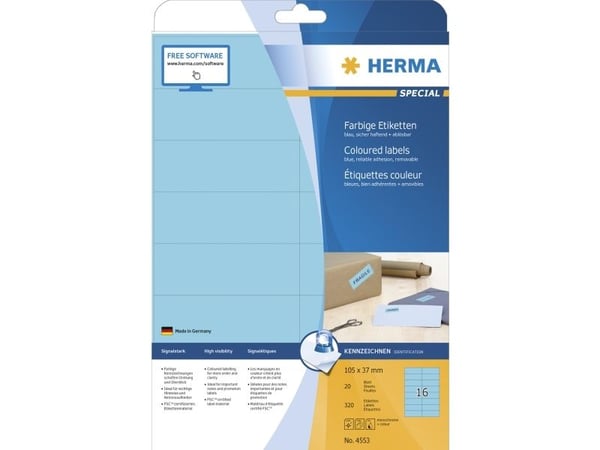 HERMA 4553, Blå, Rektangel, A4, Universal, Matt, Laser/bläckstråleskrivare
