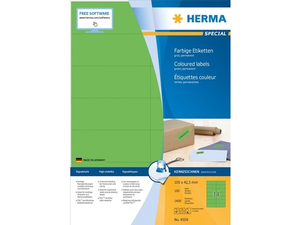 HERMA 4559, Grønn, Rektangel, A4, Universell, Matte, Laser/Blekkskriver