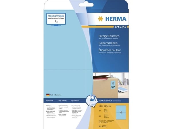 HERMA 4563, Blå, Rektangel, A4, Universell, Matte, Laser/Blekkskriver
