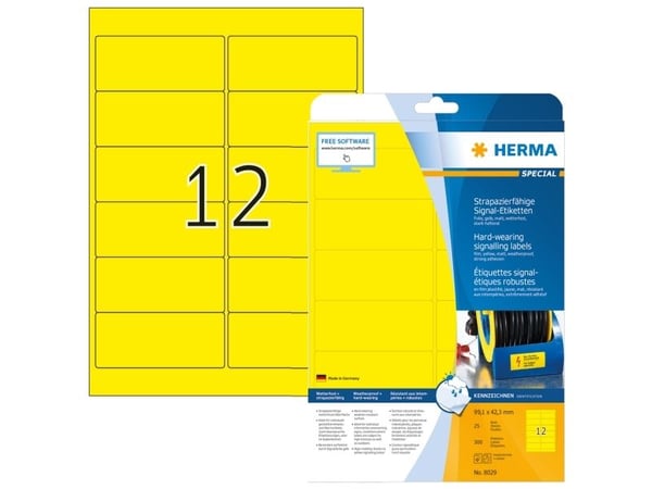 HERMA 8029, Keltainen, Itse kiinnittyvä tulostintarra, A4, Laser, Kiinteä, Matta
