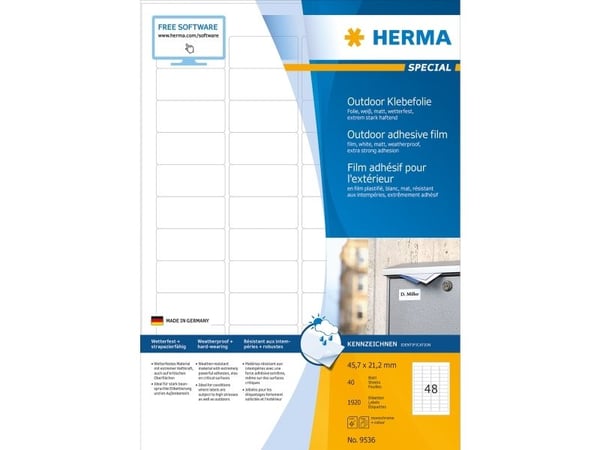 HERMA 9536, Hvit, Rektangel, A4, Universell, Polyethylen, Matte