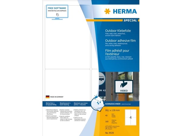 HERMA 9539, Hvit, Rektangel, A4, Polyethylen, Matte, Laser