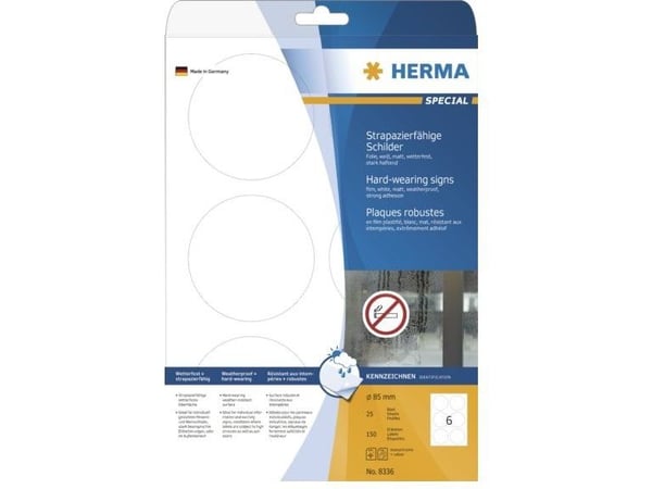 HERMA 8336, Valkoinen, Itse kiinnittyvä tulostintarra, A4, Polyesteri, Laser, Kiinteä
